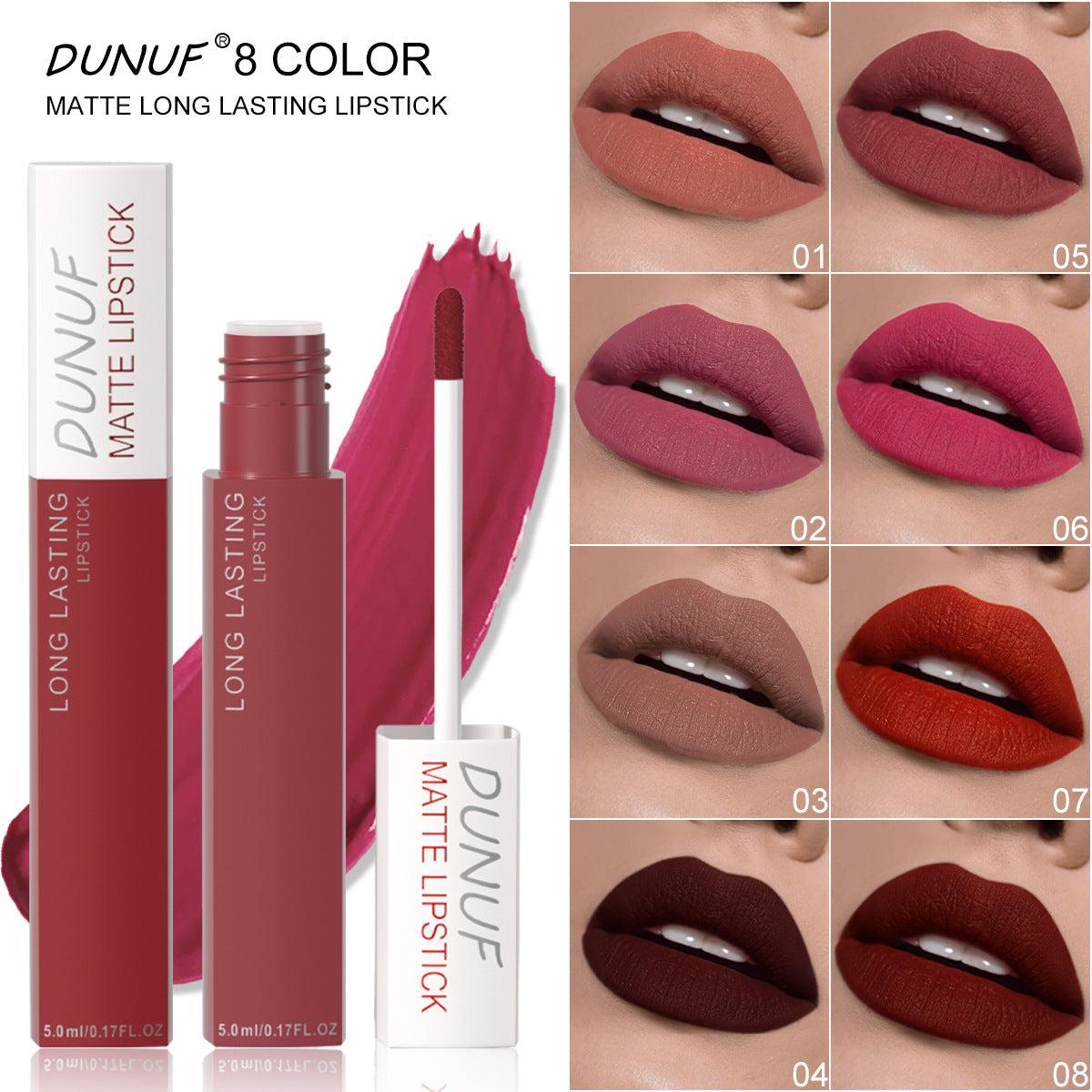 Dunuf 8-Color Matte Waterproof Long-Lasting Lip Gloss Set