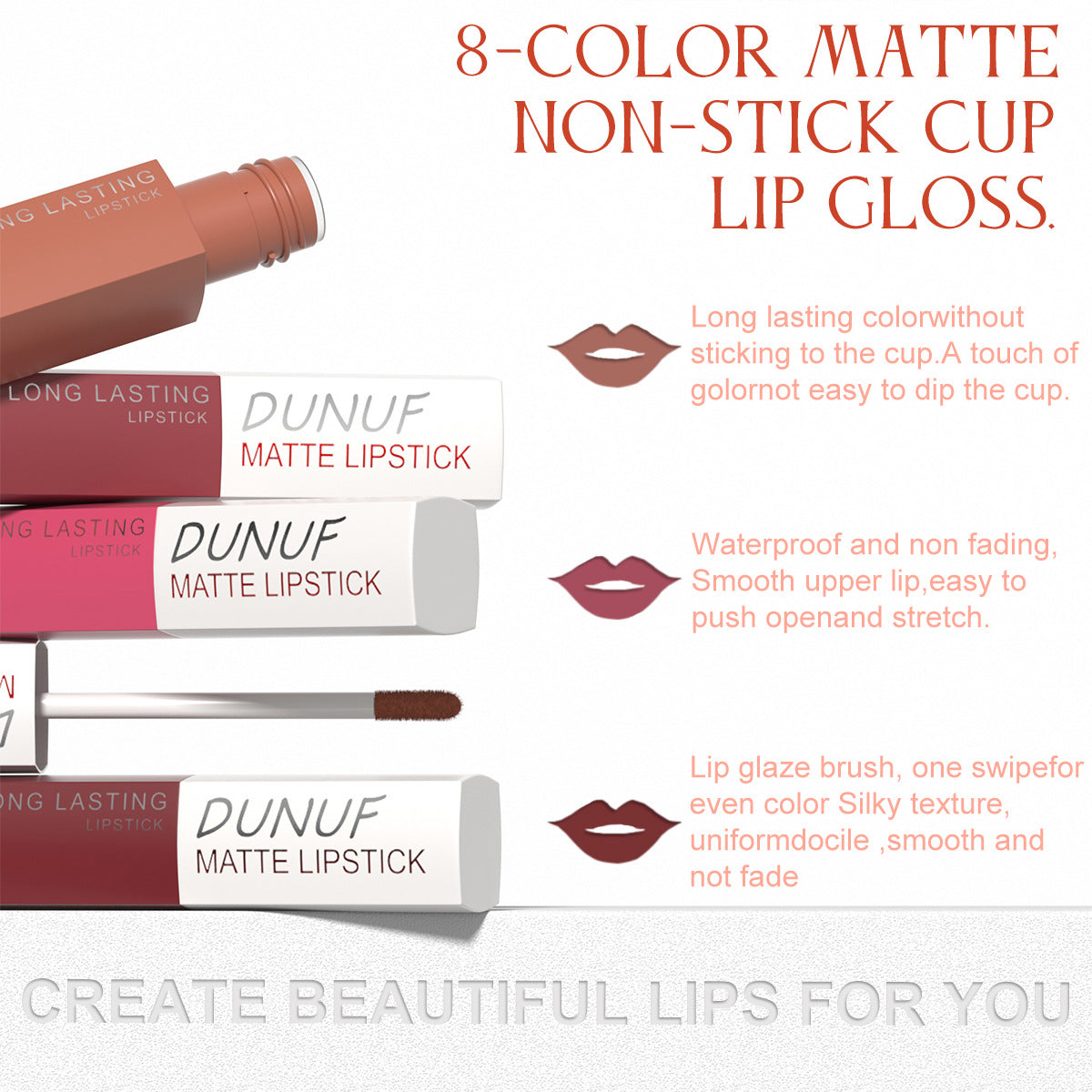 Dunuf 8-Color Matte Waterproof Long-Lasting Lip Gloss Set